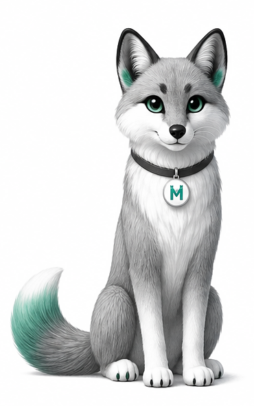 The MAVRI fox, a friendly grey fox wearing a charcoal collar with a silver medallion